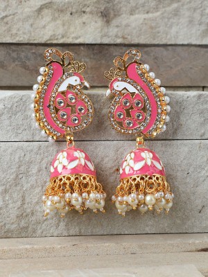 Anika's Creation Pastel Pink Peacock Shaped Gold Plated Meenakari Jhumka_SF Pearl Brass Jhumki Earring