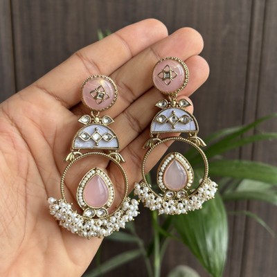 TaranaJewelry Elegant Pastel Pink & White Kundan Earrings with Pearls Agate Alloy Chandbali Earring