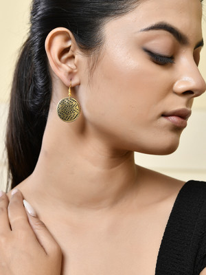 Silvermerc Designs Handcrafted Gold and Black Round Earrings with Intricate Geometric Pattern Brass Drops & Danglers