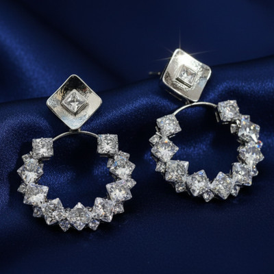 SAMRIDDHI JEWELS American Diamond Circular Hoop Earrings With Square Stud Top For Women Cubic Zirconia Crystal Drops & Danglers, Jhumki Earring