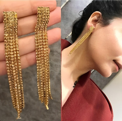 darpan Golden Color Rhinestone Long Tassel Earrings Crystal Alloy Drops & Dangler Zircon Alloy Drops & Danglers
