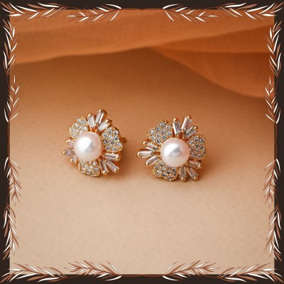 Peprika American Diamond Designer Studed Rose Gold Plated Earrings Cubic Zirconia Alloy Stud Earring