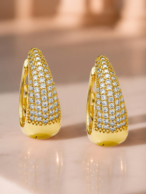 RUBANS 18K Gold-Plated Sleek Hoop Earrings with Cubic Zirconia Detailing Brass Hoop Earring