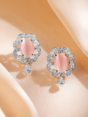 RUBANS Rhodium-Plated Ruby Pink & CZ Classic Premium Floral Stud Earrings Brass Stud Earring