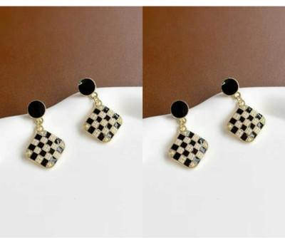 RISHASTYLE Shine black and creamy white combination korean stylish earrings combo of Two Zircon Alloy Drops & Danglers