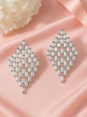 RUBANS Rubans Rhodium-Plated Diamond-Shaped Cubic Zirconia Studded Drop Earrings Cubic Zirconia Brass Drops & Danglers
