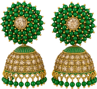 Sradha Elegant Green Beaded Gold Plated Jhumka Earrings for Women – Traditional Design Cubic Zirconia Alloy Jhumki Earring
