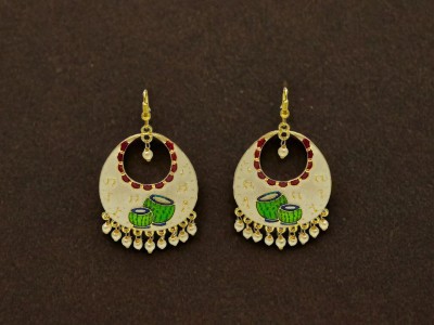 fashion Galaxy White Jhumka Meenakari Pearl Earrings Tabla Design Oval Shaped Jhumkas Pearl Brass Earring Set, Chandbali Earring, Jhumki Earring