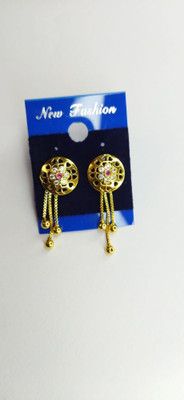 MK Gallery Golden Round Shape White Red Cubic Zirconia Ad Earrings Brass Drops & Danglers