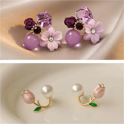 Kradhika Pack of 2 Korean Earrings Pearl Earrings For Girls Stud Earrings for Women Cubic Zirconia, Pearl Alloy, Brass Cuff Earring, Earring Set, Huggie Earring, Rhinestone Studs, Stud Earring