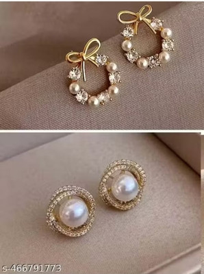 RISHASTYLE Gold plated with pearl earrings combo of Two Zircon Alloy Stud Earring
