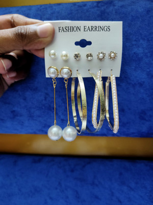 Venusco Golden Plated Pearl and Crystal 3 Set Earing Bali{Triangle ,Circle ,Sui Dhaga } Crystal Alloy Earring Set