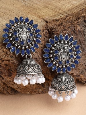 Karatcart Oxidised Silver Blue Stone Studded Jhumki Earring for Women Alloy Jhumki Earring