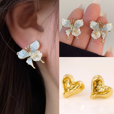 AKISON JEWELS Korean Earrings Combo For Women Girls Heart Butterfly Earrings Stylish Trending Crystal Alloy Earring Set, Stud Earring