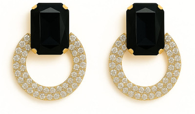 ONLINE_ESHOP Online_Eshop Black Topaz Stone Gold-Plated Oval Design Crystal Brass Stud Earring