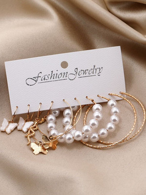 Dressberry Combo Of 5 Pair Gold Plated Butterfly Snake Pearl Hoop Earrings For Women/Girls Pearl Alloy Stud Earring