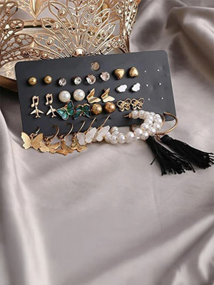 RARE ONE STUDIO Combo of 17 Quirky Design for Gold Plated and Stone Studded Pearl Alloy Hoop Earring