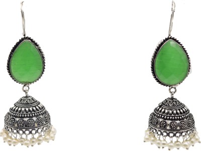 Glamzind Fashion German Silver Green Stone Jumka | Designer Jhumka for Women and Girls German Silver Earring Set