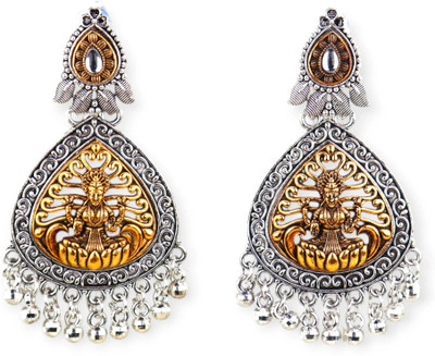 Tavishi Gem Traditional Goddess Laxmi design Oxidised Earring Dual Tone Silver Golden Finish Metal Earring Set, Drops & Danglers, Tassel Earring, Jhumki Earring