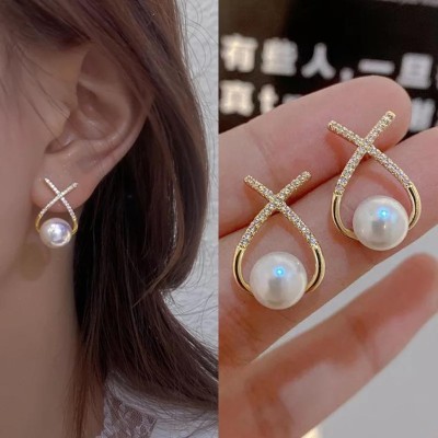 AVR JEWELS Korean Diamond Cross Pearl Stud Earrings 2 Pcs/Set Metal Stud Earring