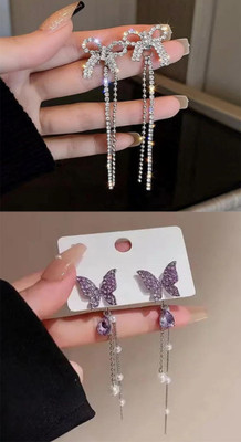 GloAww Two-wear Bowknot II Purple Butterfly Combo Korean Earring For Girl's & Women Alloy Drops & Danglers