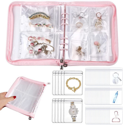 JIYANGO 60Pocket Transparent Jewelry Storage Book, Earring Book Organizer for Necklace Compact book format makes it convenient for travel and storage Vanity Box(Pink)