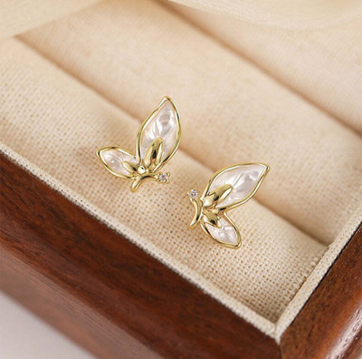 Inites 1 Pair Korean Style White Enamel Small Butterfly Stud Earrings For Women & Girls Zircon Stainless Steel Earring Set, Stud Earring, Hoop Earring, Plug Earring
