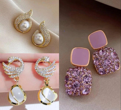 Saugaat Craft Western Party Wear Stylish Combo Pack Of 3 Korean Earrings For Women Girls Cubic Zirconia, Crystal, Pearl Alloy Drops & Danglers, Rhinestone Studs, Stud Earring, Earring Set