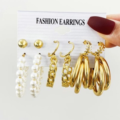 Vembley Combo Of 6 Golden Plain Chain and Pearl Big Hoop Earrings For Girls Alloy Hoop Earring