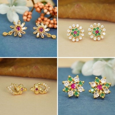 Dency Radiant Glow Combo of 4 with 22K Gold-Plated Studs Crystal, Diamond Brass Stud Earring