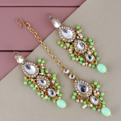 Lucky Jewellery Traditional Gold Plated kundan Stone Parrot Green color Tika Earring set Beads Alloy Drops & Danglers
