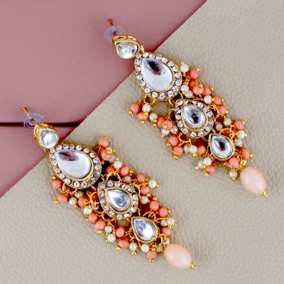 Lucky Jewellery Traditional Gold Plated Kundan Stone Light Peach Earrings for Girls & Women Beads Alloy Drops & Danglers