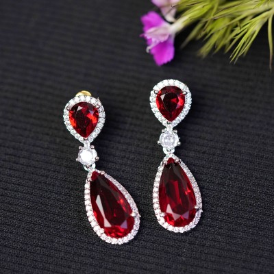 Zoey Red Rhodium-Plated American Diamond Drop Earring Cubic Zirconia Brass Stud Earring, Drops & Danglers