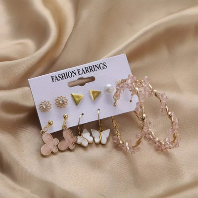 JDENTERPRISES Combo of 6 Pair Golden Flower Stud/Butterfly Pearl Hoop Earrings For Women/Girls Pearl Alloy Hoop Earring
