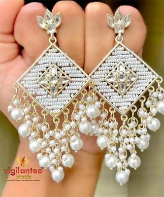 Vigilantee Jewels White Pearl Kundan Mirror Beads White Gold Plated Drop And Danglers Earrings Set Pearl, Beads, Moonstone Alloy Drops & Danglers, Chandbali Earring, Jhumki Earring, Ear Thread