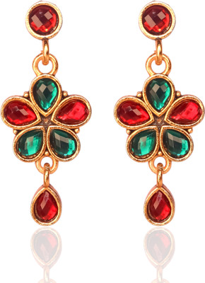 JOYANA Traditional Floral Drop Earrings for Women Gold Plated Red Green Kundan Stone Crystal Alloy Drops & Danglers