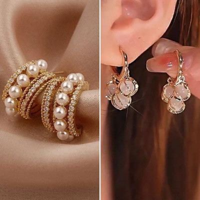 estailo fashion Royal Crystal Pearl Hoops Alloy Earring Set