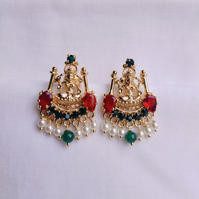 kurdekars divuu Laxmi earring green red stones and pearls fitted NL-10 Copper Stud Earring