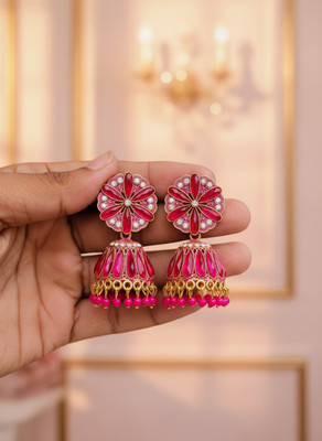 Friendia Enterprise Royal Hot Pink Enamel Floral Stud Jhumka with Pearls & Stones Beads Alloy Jhumki Earring