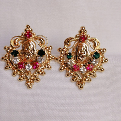 kurdekars divuu green white red stones fitted laxmi earrings stud Copper Stud Earring