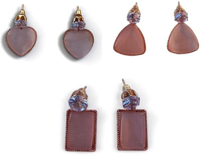 WIDE ARRAY 3 Pair Rose Quartz Gold Finished Pink Crystal Drop Earrings Girls & Women Acrylic Drops & Danglers