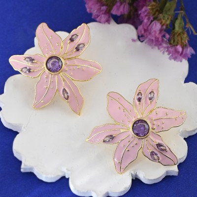 Voylla Flower Fantasy Petal Pink and Lavender Glitz Statement Studs Cubic Zirconia Brass Stud Earring