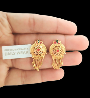 DIVS FASHION GOLDEN LAYERED EARRING WITH RED GREEN MINAWORK Brass Drops & Danglers