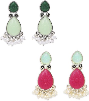 Oomph Combo of 2 Rani Pink & Mint Green Ethnic Drop Earrings - Engraved Jaipur Stones Beads, Crystal Alloy Drops & Danglers