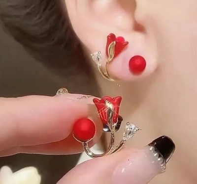 BLINGEE Earrings For Women Girls Tulip Rose Lotus Earrings Trendy Light Weight Korean Pearl, Crystal, Cubic Zirconia, Diamond Alloy Cuff Earring, Earring Set, Stud Earring, Huggie Earring