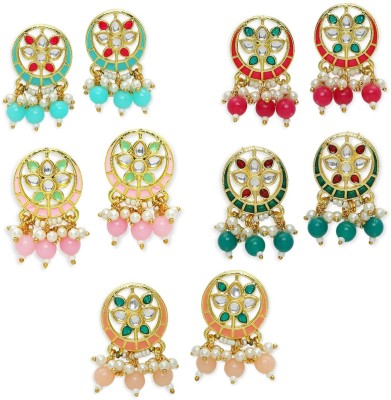 fabula Combo of 5 Meenakari Stud Earrings - Green, Red, Pink - Floral Design Beads, Crystal Alloy Stud Earring