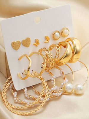 Dressberry Combo of 9 Pair Gold Plated Heart Stone Stud And Pearl Hoop Earrings Pearl Alloy Hoop Earring