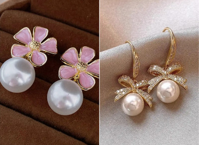 IEEP Korean Earrings Combo Pack of 2 for Women & Girls Pink and Gold Pearl Studs Alloy Stud Earring