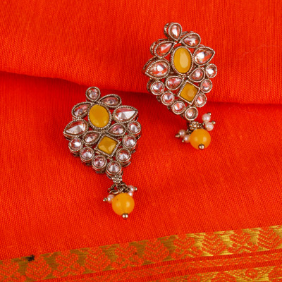 Saloni Fashion Jewellery Flower Shape Yellow Kundan Stone Pearl Gold Plated Dangle Earring For Women Cubic Zirconia Alloy Drops & Danglers