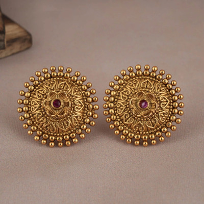 TOYONIX Antique gold plated ruby stone stud earring Crystal Brass Stud Earring